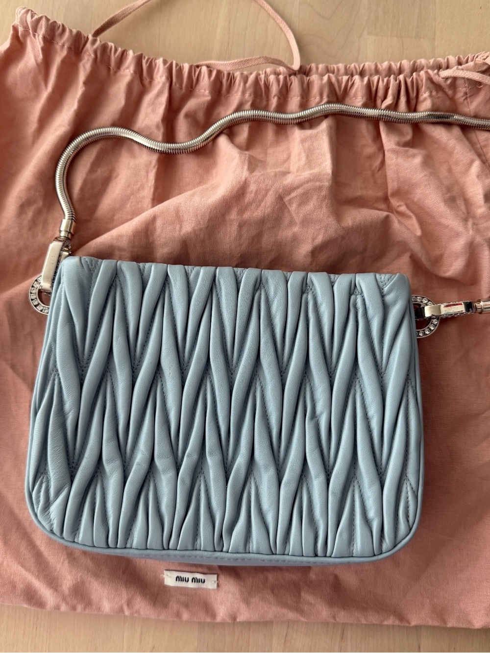 MiuMiu Nappa Matelasse Crystal Embellished Shoulder Bag Shoulder Bag Blue